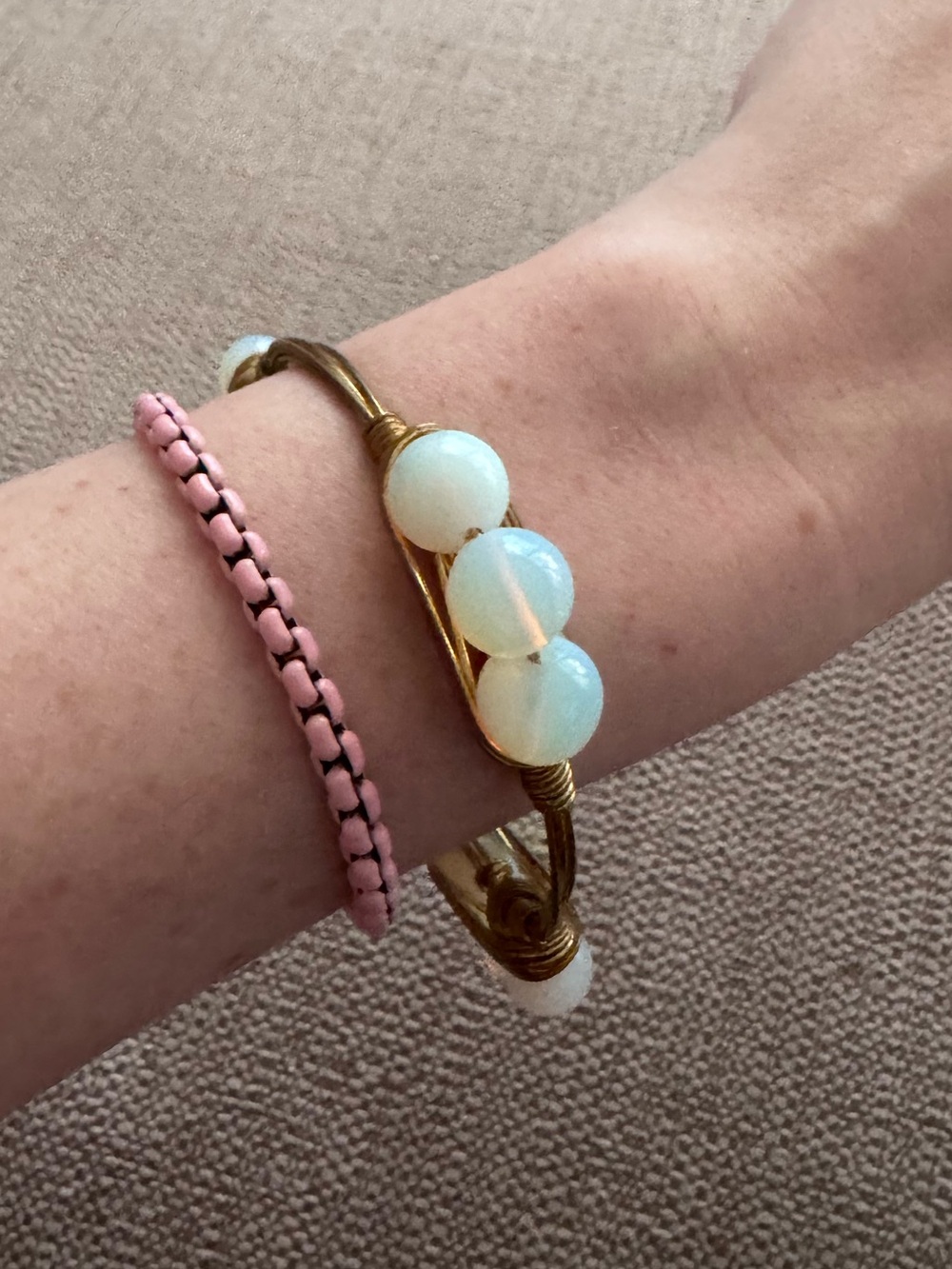 Opalite Bead Wire-Wrapped Bangle Bracelet - Bronze Tone